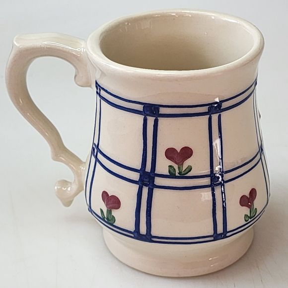 Vintage Hartstone USA Pottery Coffee Mug With Plaid And Heart Shape Flowers - Picture 4 of 12